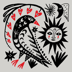 Fototapeta premium Bird monochrome linocut engraving style celestial folk fairytale elements set. Boho patterned woman sacred goddess animal in cottagecore vibe, floral ornament. Hygge, lagom and fika Scandinavian