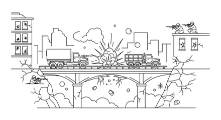 Warfare on bridge: Trucks explode, soldiers fight in destroyed city, military conflict