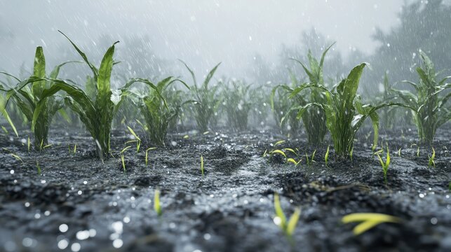 Young green crops endure harsh hailstorm and heavy rain in an overcast agricultural field