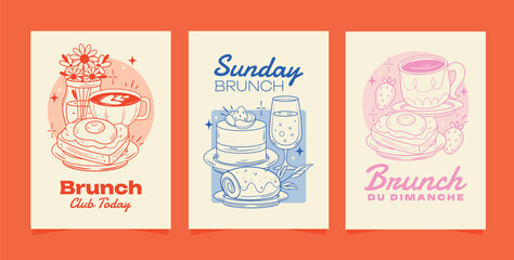 Brunch Food Vertical Card Set with Coffee and Dessert Illustration
