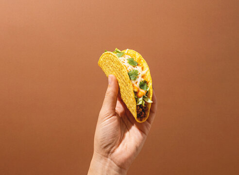 Hand Holding Mexican Taco with Copy Space