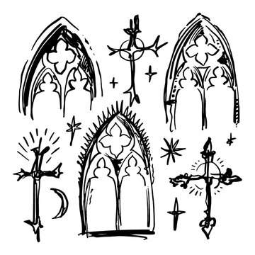 Gothic Crosses Cathedral Tattoo Style Flash Set Vector Blackwork Cathedral Elements Collection Architecture Clip-art Black Ink Illustration