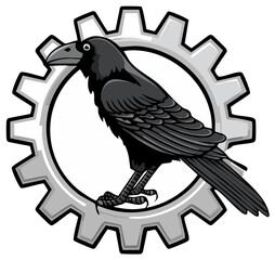 Obraz premium Cartoon raven perched on a cogwheel illustration, a symbol of industrial design and mechanics