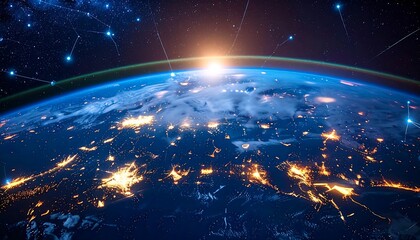 Obraz premium Sunrise over Earth, city lights glow below. Connections reach out into space. Networked world