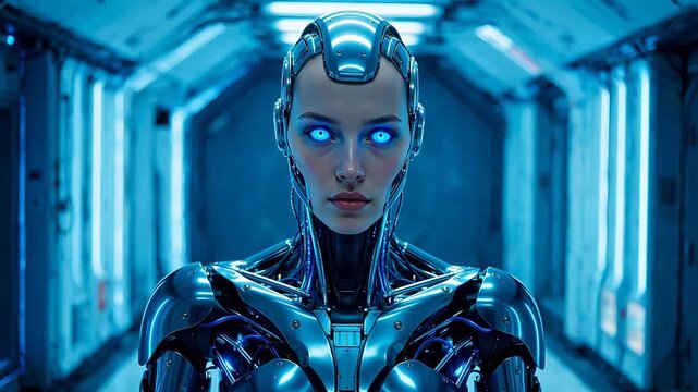 Futuristic cyborg in corridor
