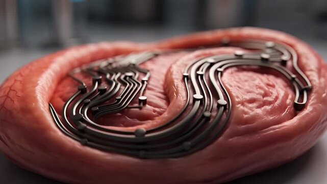 Abstract image of meat with a decorative metal shape inside