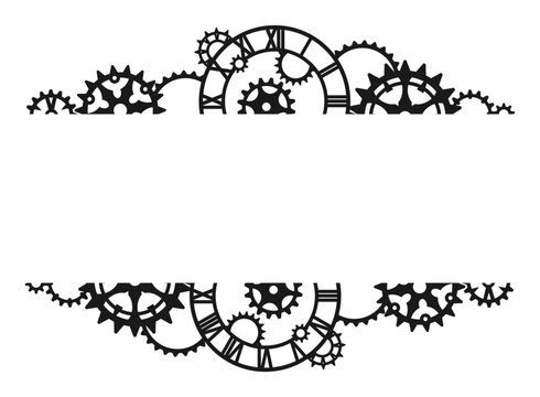 Black frame made of clock dial, different gears and cogwheels on a white background with place for text. Steampunk. Vintage horizontal border. Vector design template for greeting card, signage, label