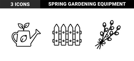 Fototapeta premium Spring gardening and seasonal agriculture elements for botanical branding. Uniform monoline pictograms featuring garden fence, watering can, and pussy willow branches.