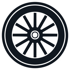 Fototapeta premium Minimalist black silhouette of a rustic spoked wagon wheel vector icon