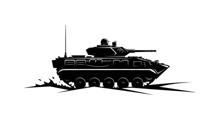 Armored Personnel Carrier Tank Silhouette Driving Through Muddy Terrain