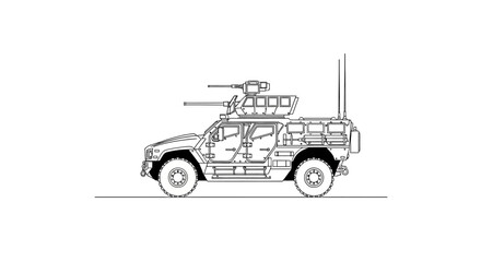 Armored Military Vehicle with Machine Gun - Line Drawing