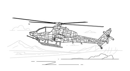 Fototapeta premium Attack Helicopter in Flight Over Mountainous Landscape