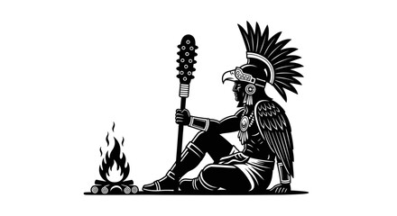 Fototapeta premium Aztec Warrior Sitting by Campfire with Macuahuitl and Feathered Headdress