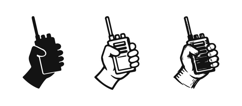 Hand holding walkie talkie icon set. Two-way radio communication device symbol in different styles.
