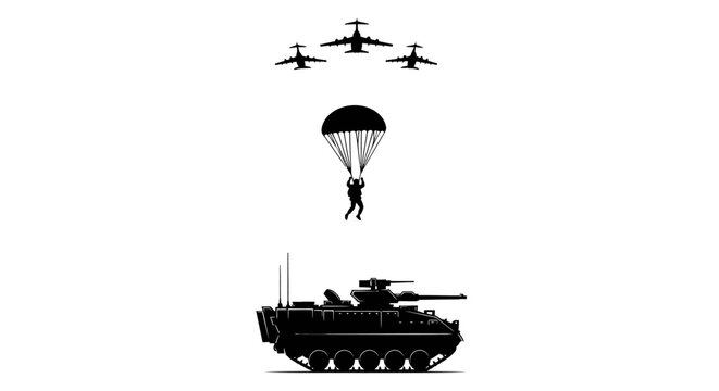 Military Airborne Assault: Paratrooper, Jets, and Armored Vehicle Silhouette