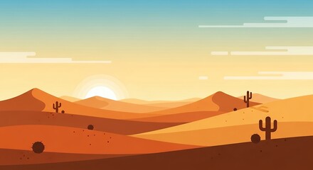 Fototapeta premium Vibrant Stylized Desert Landscape with Cacti and Rolling Sand Dunes Under a Gradient Sky