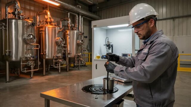 Bindergrade coal tar pitch manufacturing focusing on blending and quality testing in a controlled plant environment for roofing materials.