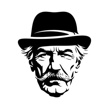 Logo moda de caballero. Dibujo de un hombre anciano con bigote y sombrero retro