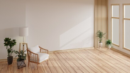 Fototapeta premium Minimal Scandinavian Living Room Interior with Large Blank Wall and Natural Light.3d rendering.