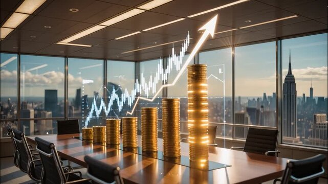 Rising stack of gold coins with upward financial graph in a modern office overlooking the city, symbolizing business growth, investment success, and economic progress.