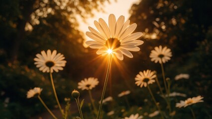 Fototapeta premium Sunlit daisies in serene landscape.