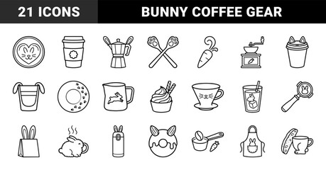 Fototapeta premium Rabbit themed cafe and coffee brewing equipment line art featuring bunny shaped cups, moka pot, grinder, and barista accessories in a playful monoline aesthetic.