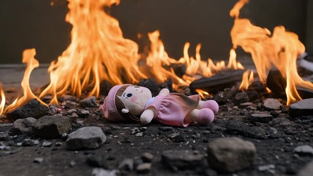 Abandoned Doll Burning on the Ground, Haunting Allegorical Video of Loss and Disaster