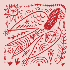 Fototapeta premium Bird Sirin monochrome linocut engraving style celestial folk fairytale elements set. Boho patterned woman sacred goddess animal in cottagecore vibe, floral ornament. Hygge, lagom and fika Scandinavian