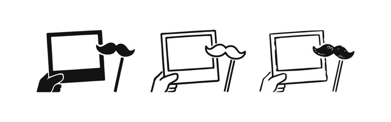 Hand holding photo frame with mustache prop icon set. Party accessory symbol in solid, outline, and hand-drawn styles. © drawing lines