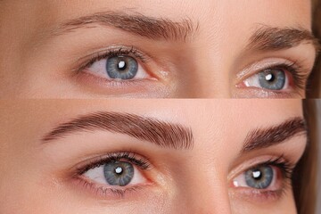 Naklejka premium Collage of female eyebrows before and after professional beauty treatment and lamination