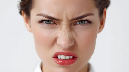 Detailed close up beauty portrait of a woman expressing fierce anger with intense eyes slightly bared teeth wrinkled nose and glossy lips on a white studio background