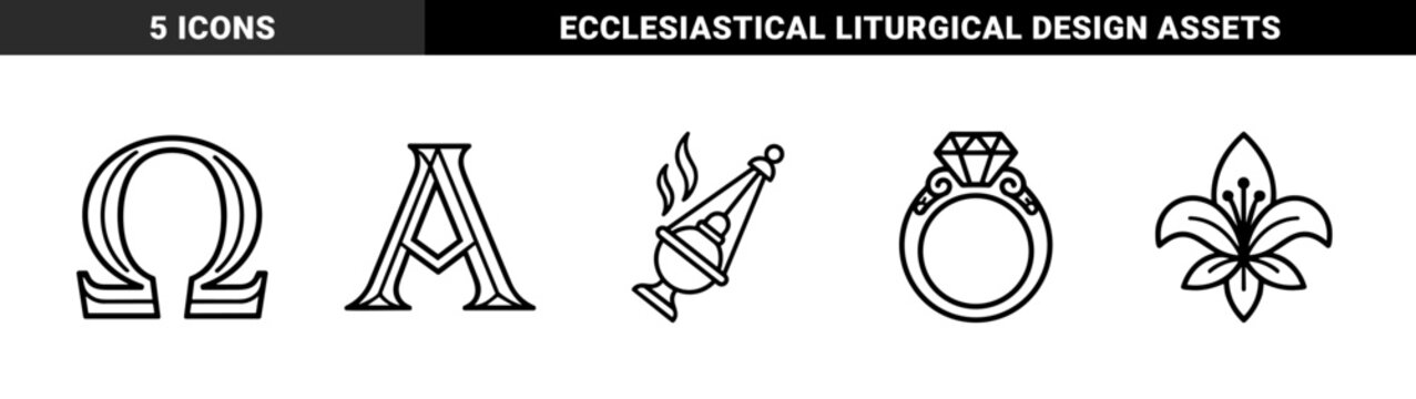 Ecclesiastical and ceremonial symbols in technical monoline aesthetic featuring thurible incense burner alpha omega characters diamond ring and lily flower.