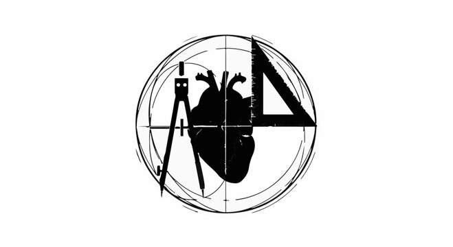 Anatomical heart silhouette with architectural drawing tools symbolizing precision and design.