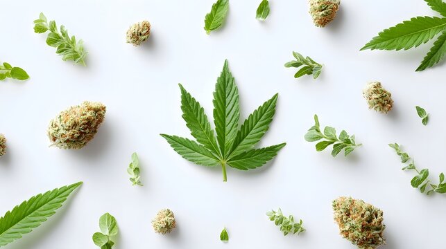 Detailed ro photography of marijuana plant parts including dried leaves and compact buds presented against a stark white studio backdrop for a clean visual presentation