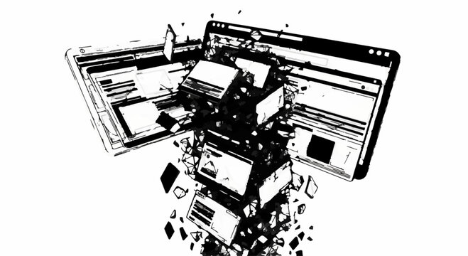 Digital information exploding from computer screens representing data overload and system collapse.