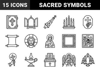 Naklejka premium Orthodox Christian liturgical symbols and Byzantine religious art. Minimalist black line illustrations featuring icons, censers, and ecclesiastical architecture.
