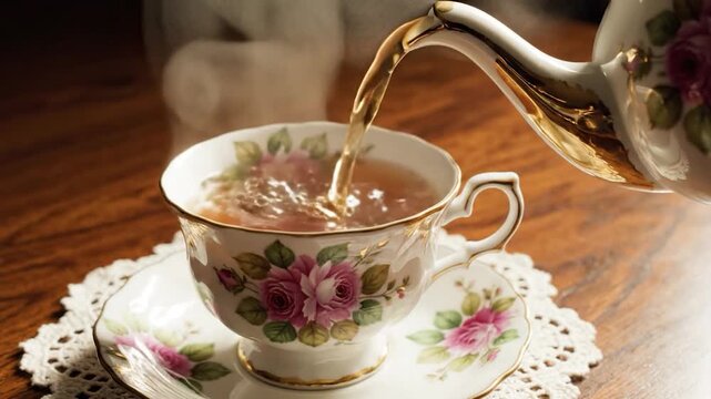 Hot beverage being poured into a decorative porcelain cup and saucer