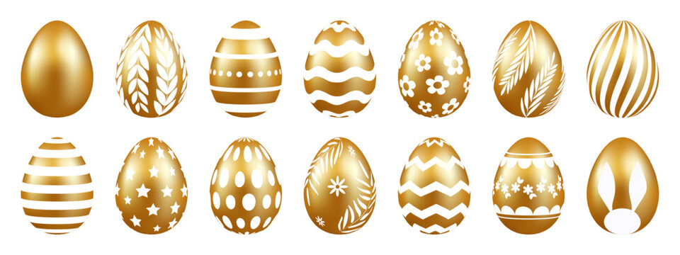 Vector illustration of golden and white easter eggs set on transparent background