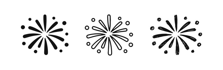 Fireworks explosion icon set. Celebration burst symbol. Festive event vector illustration with solid, outline, and hand-drawn styles. © drawing lines