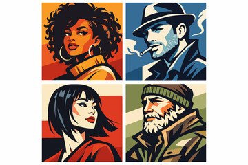 Fototapeta premium Stylized portraits of diverse individuals in bold colors and graphic design