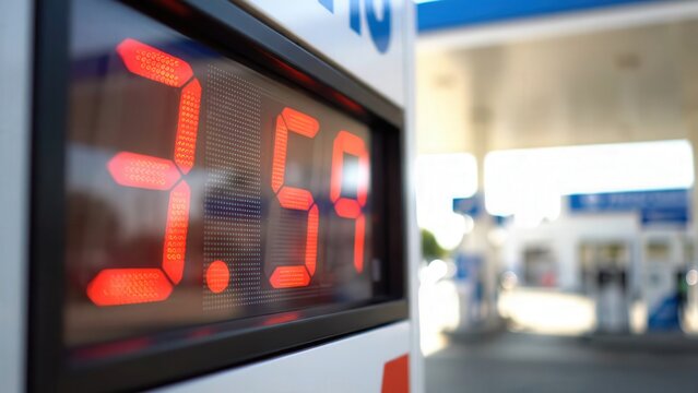 Digital fuel price display showing decreasing gas prices from 3.59 to 3.60 and finally to 3.71 at a gas station with blurred background elements