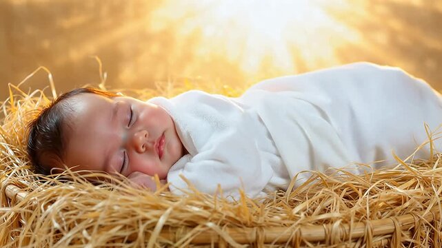 Baby sleeping on hay with sunlight