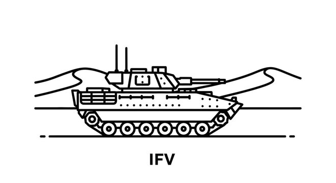 Infantry Fighting Vehicle (IFV) icon in desert landscape, military transport, line art