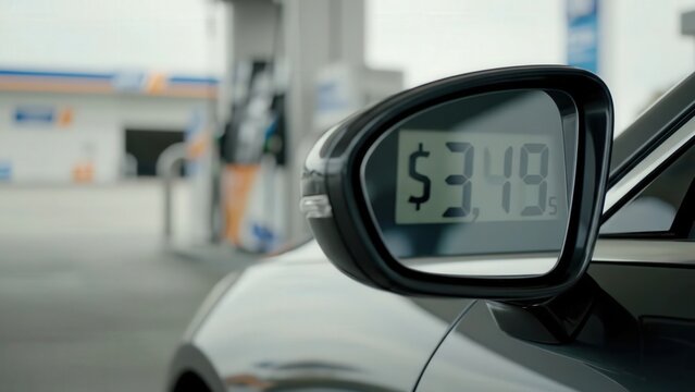 Vehicle fuel price display showing incremental increases from $3.49 to $4.50 at a gas station with pumps and signage visible in the background
