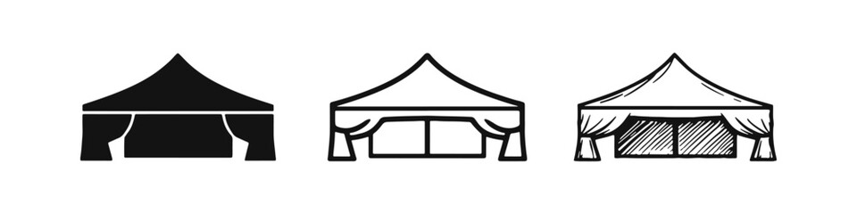 Party tent pavilion icon set. Event canopy marquee symbol. Outdoor celebration vector illustration with solid, outline, and hand-drawn styles. © drawing lines