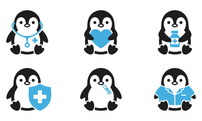 Fototapeta premium Penguins Engaging in Health-Related Activities Illustrated in a Simple, Iconic Style