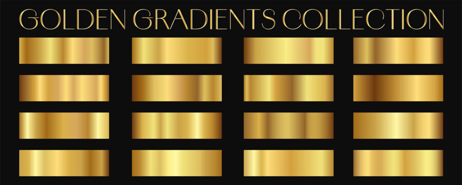 Golden gradients collection. Luxury set of gold gradient swatches. Metallic textures with polished foil shine and satin smooth. Premium design palette