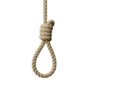 A detailed view of a rope with a knot tied at the end, hanging freely in midair. isolated on transparent background