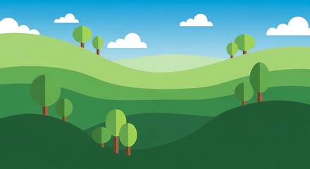 Fototapeta premium Stylized depiction of undulating green hills under a bright blue sky adorned with fluffy white clouds and simple trees