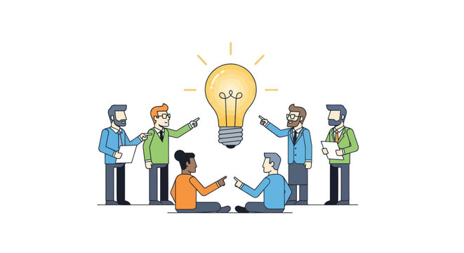 Diverse team collaborating around a bright idea lightbulb.